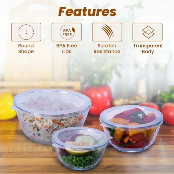 AGARO Elite Glass Mixing Bowl with Lid, 3 pcs Set, Borosilicate Glass, Microwave Oven Safe, Round, Transparent, 500ml, 800ml, 1600ml