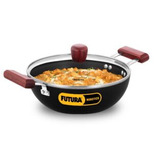 Hawkins Futura 2.5 Litre Deep Kadhai, Nonstick Kadai with Glass Lid, Flat Bottom Induction Kadhai, Deep Fry Pan, Black