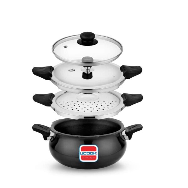 UCOOK By UNITED Ekta Engg. Smart 3 in 1 Induction Base 3 Litre Handi Shape Multipurpose All in one Pressure Cooker, Black