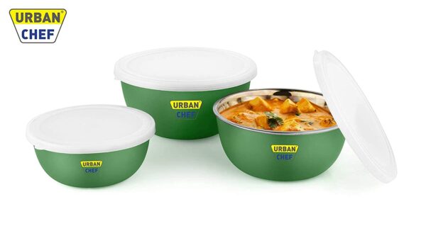 URBAN CHEF Microwave Bowl Sets, Serving Bowl, 3 Pcs. Set Flora Stainless Steel Serving Bowls, Microwave Oven Bowl, Kitchen Accessories Items, Kitchen Storage, Diwali Gift Items - Dark Green