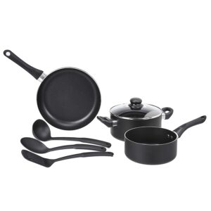 Amazon Basics 6 Piece Non-Stick Aluminium Cookware Set, Saucepan, Fry Pan (without Induction Base), Black