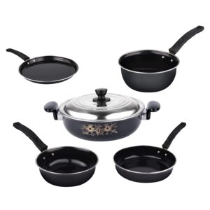 Kashvi Cast Iron, Ceramic Hard Anodized Non Stick Induction Friendly Utensils Combo of Kadai with Lid, Fry Pan, Tawa, Sauce and Tadka Pan - 5 Piece Set