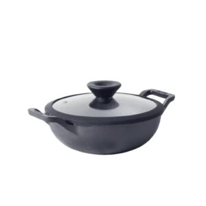 Meyer Pre Seasoned Cast Iron KadaiIron Kadhai with Lid for Cooking and Stir Frying Heavy Base Iron Kadai Small Size Gas Stove and Induction Friendly 20cm 1.5 Liters, Black