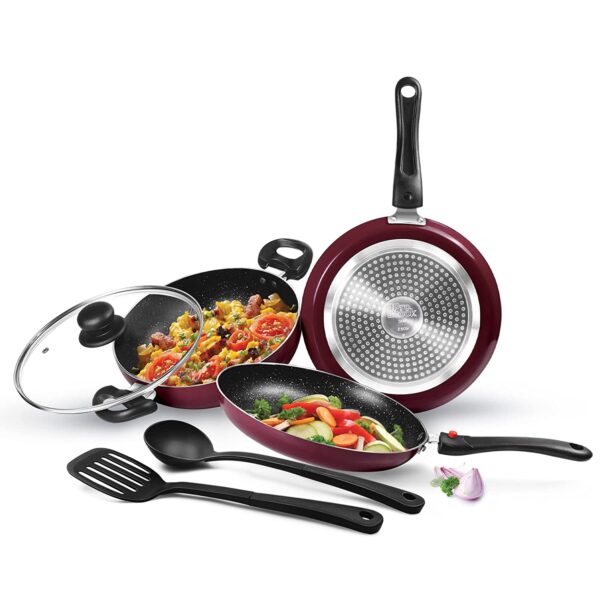 Milton Pro Cook Induction Kitchen Jewel Set of 5 Fry pan 24 cm1.6 litres Kadhai 24 cm2.5 litres with Glass lid Tawa 25 cm Nylon Laddle and Spatula Peach Dishwasher Hot Plate Flame Safe