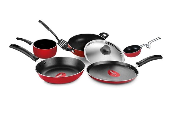 Pigeon Nonstick Cookware Set of 7 Piece, Includes Nonstick Tawa 23 cm, Nonstick Fry Pan 24 cm, Nonstick Kadai with Stainless Steel Lid 24 cm, and Nonstick Sauce Pan (Red)