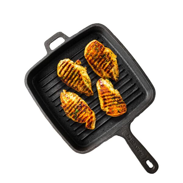 The Indus Valley Cast Iron Grill Pan for Barbeque Tandoori Sandwich with Long Handle 9.8Inch 1.56Ltr 3.4kg Gas and Induction friendly Pre-seasoned 100% Toxin-free Naturally Non stick Long Lasting